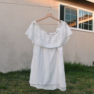 off-shoulder white dress